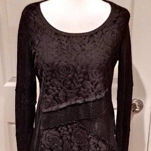 SMALL Black Pullover Sweater with Scoop Neck and Lacy Front